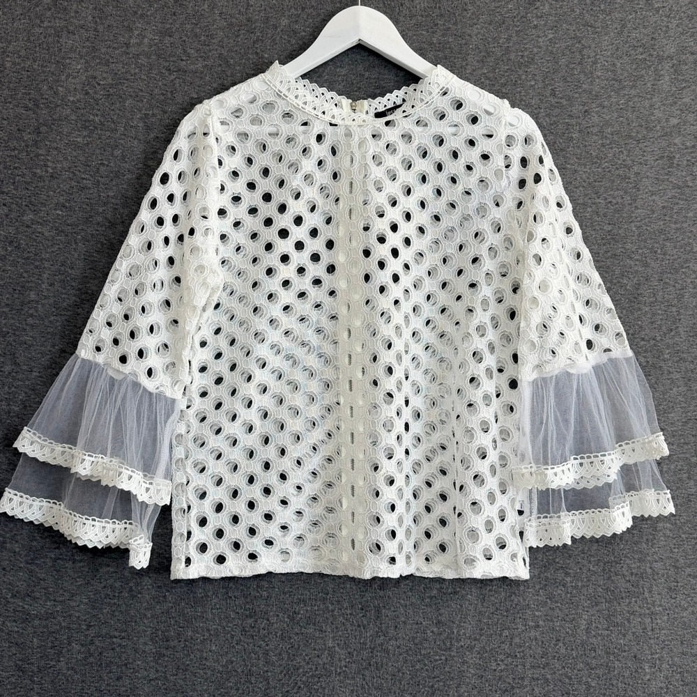 White Eyelet Lace Sheer Top Lrg Bell Sleeve Tulle Victorian Romantic Cottagecore